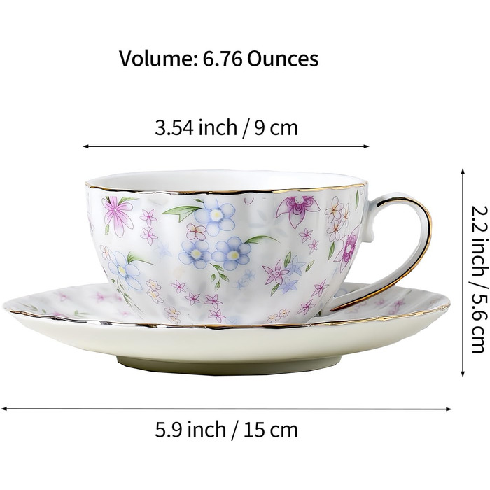 Чашка з блюдцем та вінтажним квітковим візерунком від Fanquare, чашка з кістяного фарфору для еспресо, капучино та кави, з блюдцем та ложкою, подарунок для вечірки (фіолетовий)