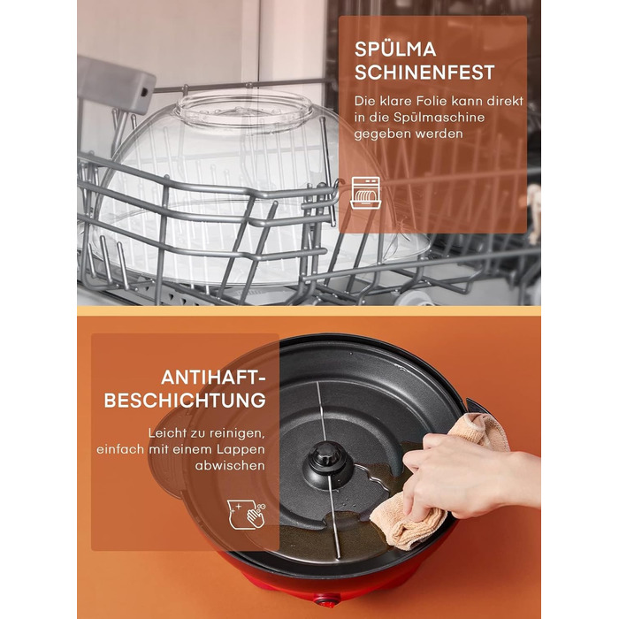 Машина для попкорну - Велика ємність 5,5 л - Домашня машина для попкорну HOUSNAT 800 Вт з антипригарним покриттям та знімною нагрівальною поверхнею - Тиха та швидка - Велика червона машина