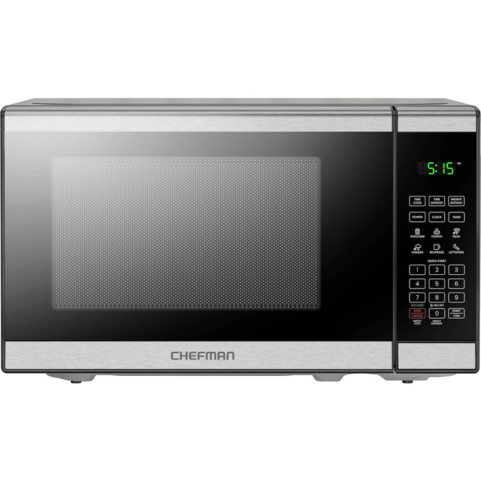 Мікрохвильова піч Chefman 20 л 800 Вт 6 попередньо встановлених налаштувань 10 рівнів потужності Цифровий дисплей Еко-режим Функція пам&39яті Вимкнення звуку Блокування від дітей Нержавіюча сталь