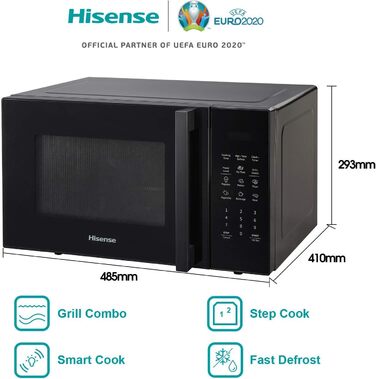 Мікрохвильова піч Hisense H20MOBP1HI / 700 Вт / InverterTech / Керамічне покриття / Преміальне скло / Виготовлена на замовлення, багатофазне приготування / Функція розморожування / 5 рівнів потужності / Блокування від дітей / Чорна (23 л, цифрове керуванн