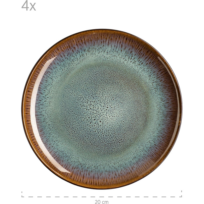 Керамічний набір посуду на 4 персони із зелено-коричневою реактивною глазур'ю, комбінований сервіз із 20 предметів у сучасних стриманих формах купе, керамограніт (десертна тарілка), 934100 Series Teona