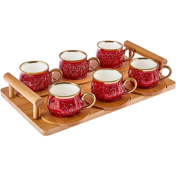 Набор кофейных чашек красный на 6 персон с бамбуковым подносом 90 мл Karaca 