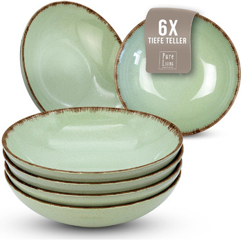 Набор посуды из керамогранита на 6 персон рустик 24 предм. - Набор посуды в деревенском стиле, можно мыть в посудомоечной машине - Набор мисок и тарелок - Посуда Pure Living (глубокие тарелки (6x), мятно-зеленая)