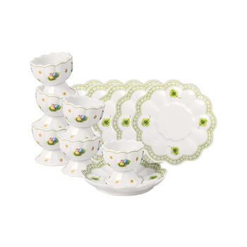 Набір для сніданку &quotВеликодня насолода&quot для 2 осіб, 6 предметів, зелений, Великодній набір з обідніми тарілками, кухлями та мисками для пластівців, Великодні керамічні тарілки, чашки та миски, преміум-порцеляна (Набір чашок для яєць 6 осіб)