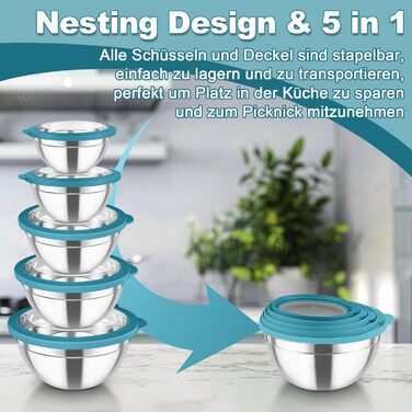 Набір мисок для змішування з нержавіючої сталі 5 шт сині Homikit