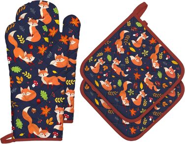 Набір з 2 кухонних рукавиць Arquiel з тримачем для каструлі Gnome Autumn Orange Checked, 100 бавовняні кулінарні рукавички, термостійкі кухонні рукавички для приготування їжі, осінній декор, подарунки для жінок (осіння лисиця, 2 кухонні рукавички 2 тримач