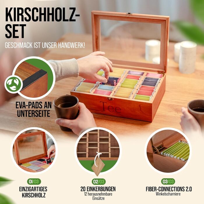 Чайна скринька преміум-класу NATURSCHMIED з вишневого дерева з 20 гнучкими відділеннями та оглядовим віконцем, (22,5x310 см) - посилені петлі міцна застібка - Елегантне сховище для чаю для справжніх любителів чаю, благородне вишневе дерево