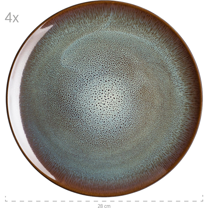 Керамічний набір посуду на 4 персони із зелено-коричневою реактивною глазур'ю, комбінований сервіз із 20 предметів у сучасних стриманих формах купе, керамограніт (обідня тарілка), 934100 Series Teona