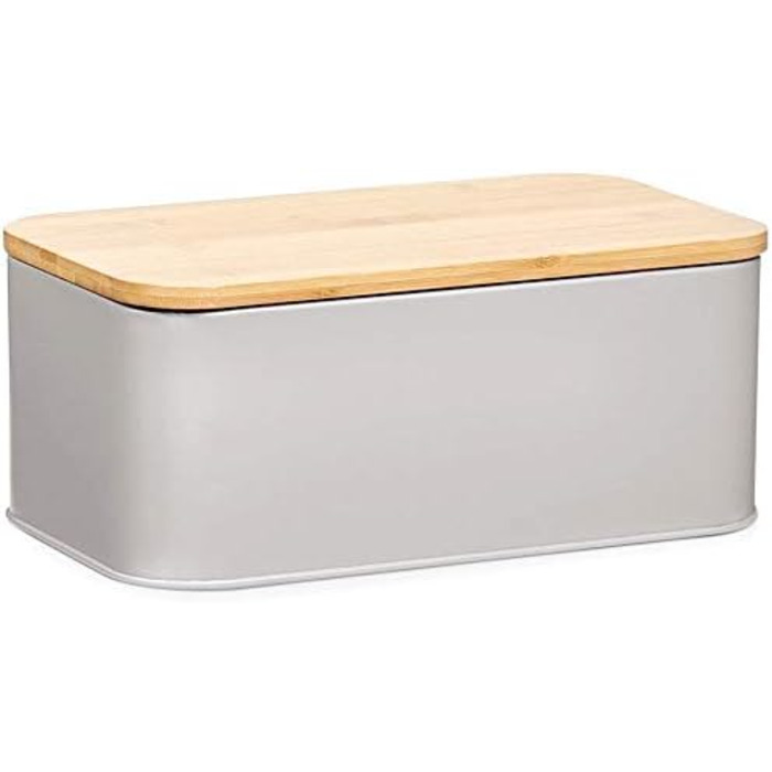 Хлібниця Zeller 25377 з бамбуковою кришкою, металева, матова, приблизно 42,5 x 23 x 13 см, хлібниця з вентиляційними отворами, для зберігання хліба, прямокутний контейнер для хліба, проста хлібниця в сучасному кольорі (сіро-коричневий, 31 x 18 x 12,5 см)