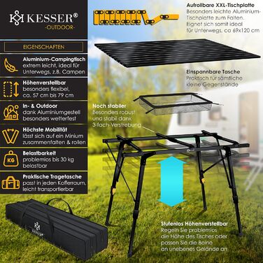 Кемпінговий стіл KESSER складний розкладний стіл з алюмінієвою рамою Розкладний стіл на стільниці Регулювання висоти з сумкою для перенесення з ременем для перенесення 90 х 53см - до 30 кг, (120см х 70см, чорний)