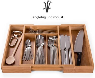 Бамбуковий лоток для столових приборів Blumtal - Регульована перегородка для кухні - Органайзер для столових приборів з 7-9 відділеннями - Висувна шухляда для кухонних шухляд - Великий гнучкий органайзер для столових приборів - 7-9 відділень (стандартний 