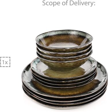 СПІВАЧКА Обідній сервіз Asti Stoneware, набір посуду з 12 предметів для 4 осіб, темний та унікальний дизайн, сучасний