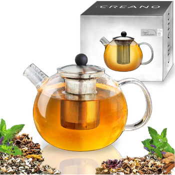 Скляний чайник Creano 1.3 л, скляний чайник із 3 частин із вбудованим ситечком з нержавіючої сталі та скляною кришкою, ідеально підходить для приготування сипучих чаїв, без крапель, моноблок (1,6 л)