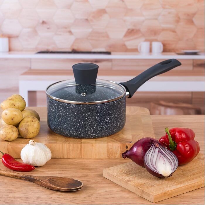 Каструля Russell Hobbs RH00845EU з антипригарним покриттям - 18 см/2 л з кришкою із загартованого скла, індукційна каструля, каструля для овочів/бульйону з бакелітовою ручкою та термостійким зовнішнім покриттям, камінь Nightfall (набір із 14 предметів)