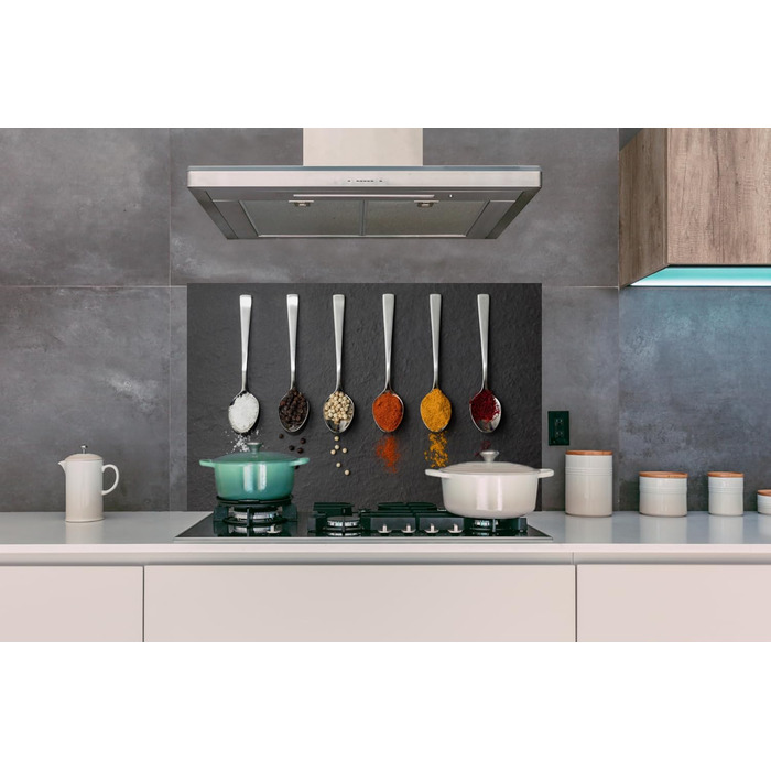 Кухонна панель для фартуха, бризкозахисна панель для кухні, алюмінієва панель, бризкозахисна панель для плити, альтернатива скляній панелі, чорна - з малюнком - суцільна - чорна - темна - (ложка для спецій, 100x65 см)