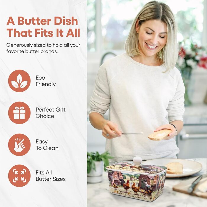 Маслянка з кришкою, китайська кераміка, з гарними акварельними мотивами, розроблена галереєю Дженніфер Роуз для Busy Bee (Півень і Курка)