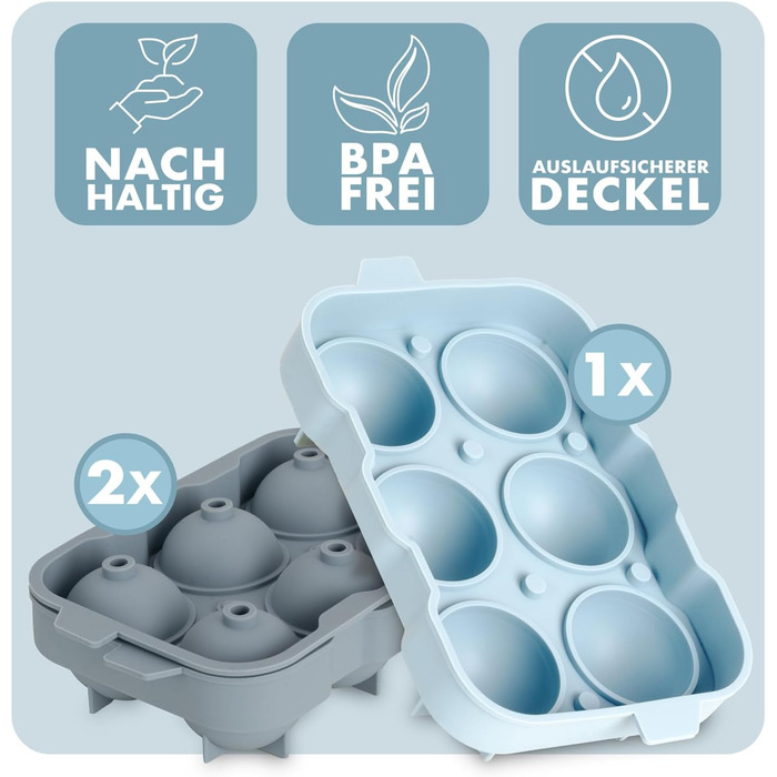 Силіконові формочки для льоду Blumtal, набір з 3 шт. - форма для льоду на 24 кубики з кришкою - силіконова форма для льоду без бісфенолу А - форма для льоду, безпечна для харчових продуктів - сіро-блакитний великі кубики (сіро-блакитний світло-блакитний, 