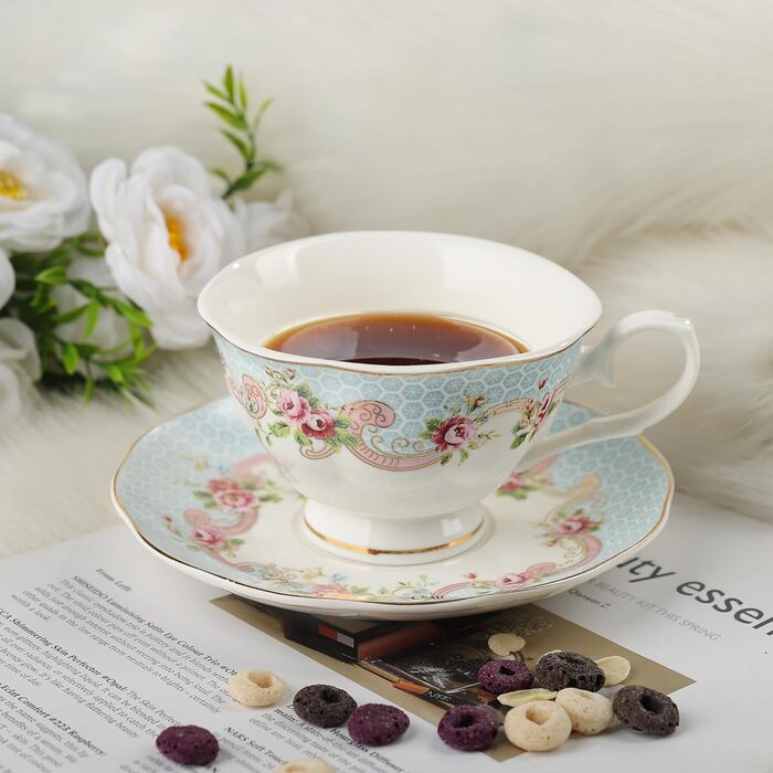 Чайні чашки з блюдцями Fanquare з квітковим візерунком, набір з 6 шт. , різноманітні пастельні квіткові порцелянові кавові чашки з золотим обідком, придатні для миття в посудомийній машині та заморожування (жовті та сині)