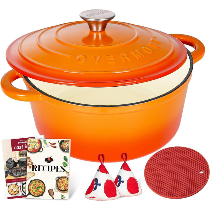 Чавунна форма для запікання Overmont Enamel - 26 см, придатна для використання в духовці, з кришкою та кулінарною книгою - для випікання, тушкування, запікання, білого кремового кольору (26 см-5,2 л, помаранчевий)