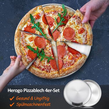 Набір лотків для піци Herogo з 4, 30 см круглої форми для піци з нержавіючої сталі, деко для піци для духовки, випікання, сервірування, смаження, нетоксичний і здоровий, міцний і безпечний для машини (метал, срібло)