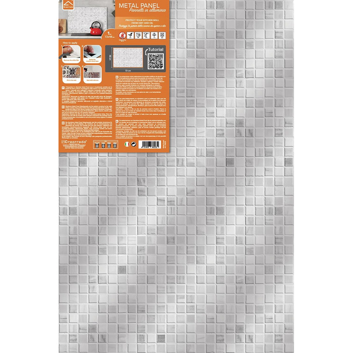 Кухонний фартух CREARREDA з алюмінію, виготовлений в Італії, захищає плиту та стіну, миється та легко встановлюється, металевий фартух, 48 x 72 см (біла мозаїка)