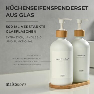 Диспенсер для мила 500 мл, набір 2 предмети на бамбуковій підставці, біле скло MaisoNovo
