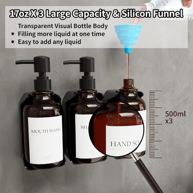 Набір з 3 дозаторів рідкого мила 500 мл з настінним тримачем, бурштиновий колір HCYWOC