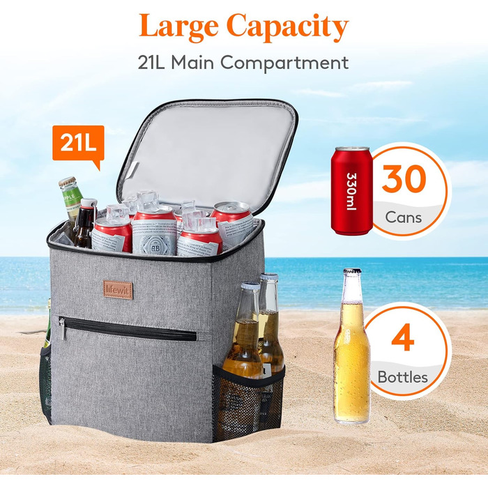 Рюкзак-холодильник Рюкзак-холодильник Сумка-холодильник Сумка для пикника Большая изолированная сумка-холодильник Мужчины Женщины Для Пляжа / Пикника / Кемпинга / Барбекю / Пеших прогулок, Серый, 24L Cool