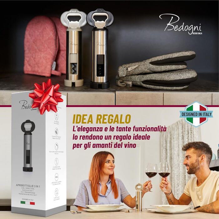 Штопор для вина та пива з магнітним утримувачем кришок чорний Bedogni Reggio Emilia