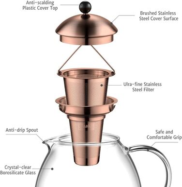 Стеклянный бронзовый чайник 1500 мл с ситечком для чая из нержавеющей стали Vialex