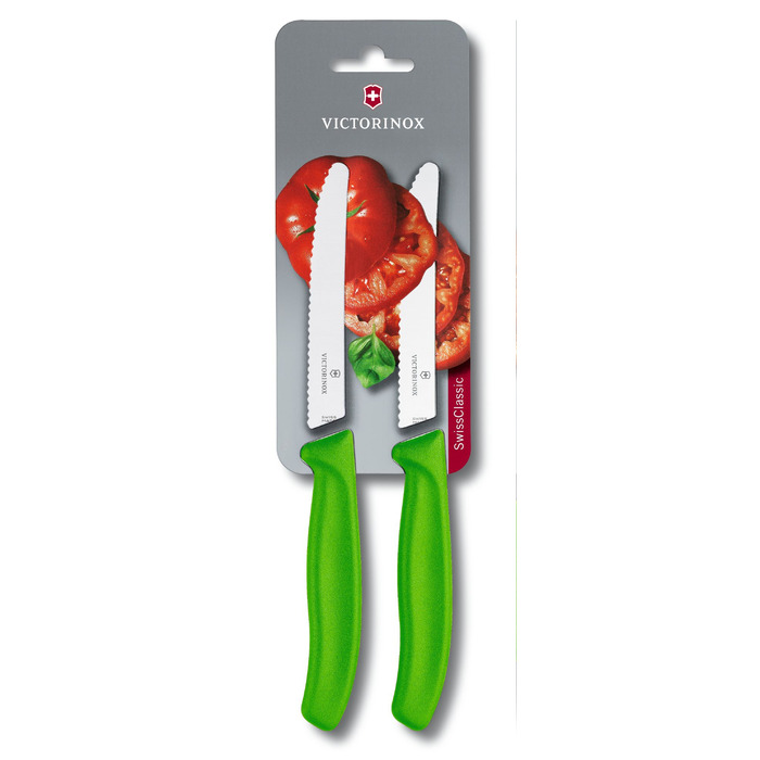 Кухонний ніж Victorinox SwissClassic Tomato&Sausage лезо 11см хвил. з зел. ручкою 2шт (блістер)