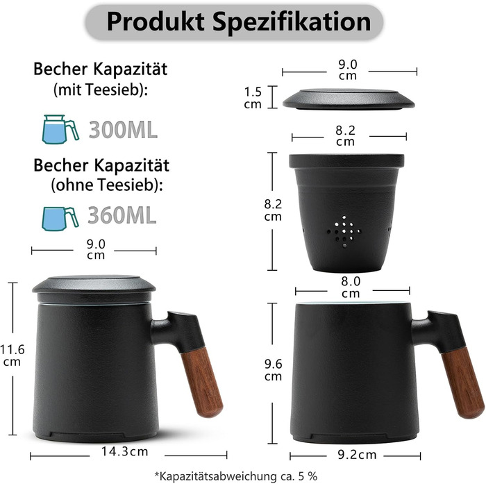Чашка для чаю ZENS з кришкою та ситечком, керамічна кружка для розсипного чаю з дерев'яною ручкою 360 мл, чашки для заварювання чаю з матовою глазур'ю/темно-зелена (01-чорна)