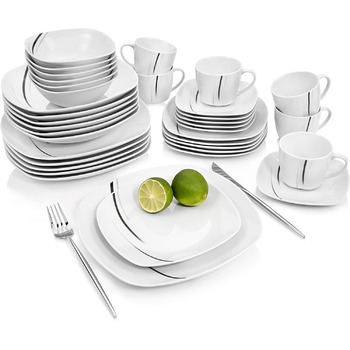 ПЕВЕЦ Фарфоровый столовый сервиз Bilgola Black Lines, набор посуды из 18 предметов на 6 персон, набор тарелок, квадрат (сервиз для посуды 36 шт.)