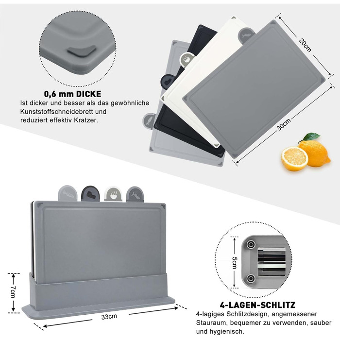 Набір обробних дощок BOCHION, пластикові дошки з іконками продуктів та піддоном, нековзні та без BPA, антибактеріальні дошки для риби, овочів, фруктів, мяса, хліба (набір з 4, чорний, білий, сірий)