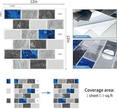Мозаїчна плитка DEWOO 3D, наклейки на стіну, клейка плитка Metro, самоклеюча імітація плитки для кухні та ванної кімнати - штука, (30,5 x 30,5 см) (10, мармурово-синій)