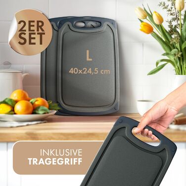 Набір обробних дощок Blumtal 3 розміри (S/M/L) - Велика пластикова обробна дошка з пазами для соку та ручкою - Міцна кухонна обробна дошка без BPA (сіра, комплект з 2 шт.)