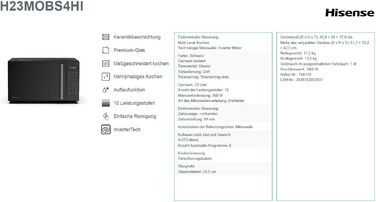 Мікрохвильова піч Hisense H20MOBP1HI / 700 Вт / InverterTech / Керамічне покриття / Преміальне скло / Виготовлена на замовлення, багатофазне приготування / Функція розморожування / 5 рівнів потужності / Блокування від дітей / Чорна (23 л, цифрове керуванн