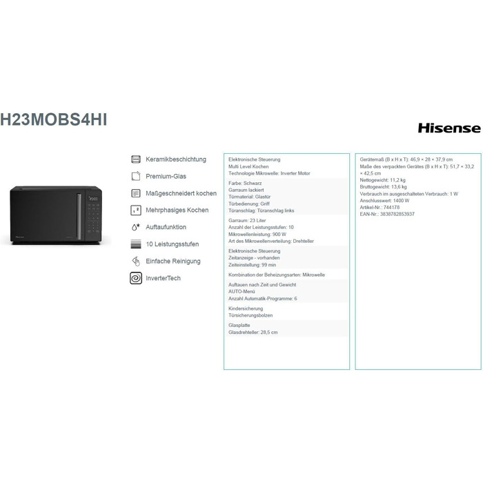 Мікрохвильова піч Hisense H20MOBP1HI / 700 Вт / InverterTech / Керамічне покриття / Преміальне скло / Виготовлена на замовлення, багатофазне приготування / Функція розморожування / 5 рівнів потужності / Блокування від дітей / Чорна (23 л, цифрове керуванн