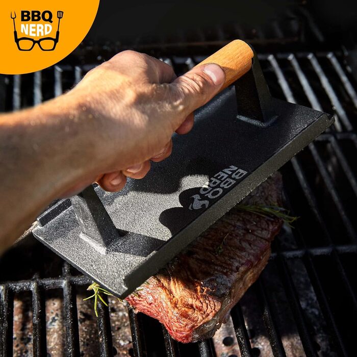 Чавунний прес для м'яса 21 x 11 см з дерев'яною ручкою, квадратний BBQ Nerd