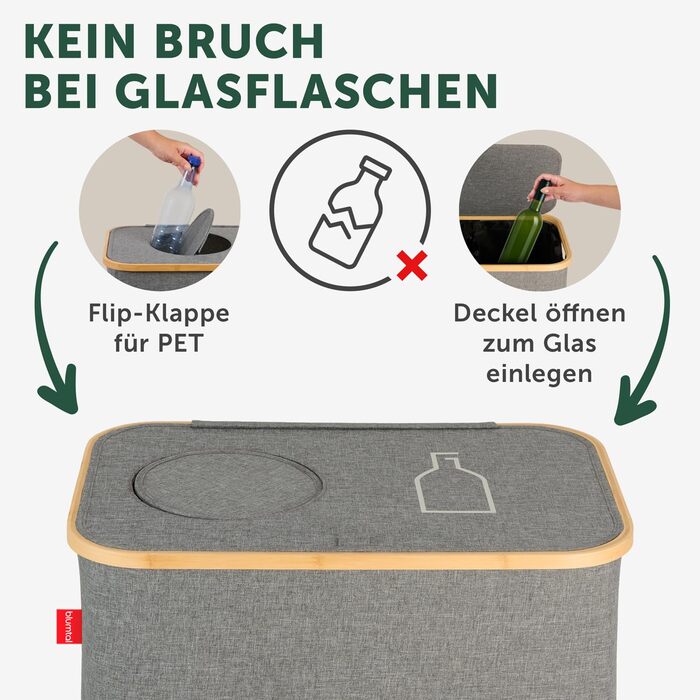 Контейнер для збору порожніх пляшок Blumtal 150 л з 2 відділеннями - Органайзер для порожніх пляшок з бамбука - Збірник порожніх пляшок - Збірник порожніх пляшок - Контейнер для збору порожніх пляшок з отвором - Збірник сірого кольору - 150 л