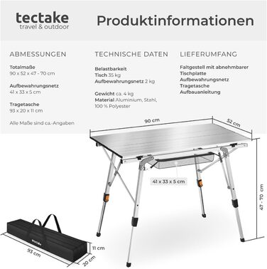 Складной алюминиевый стол для кемпинга 90 x 52 см серебряный tectake