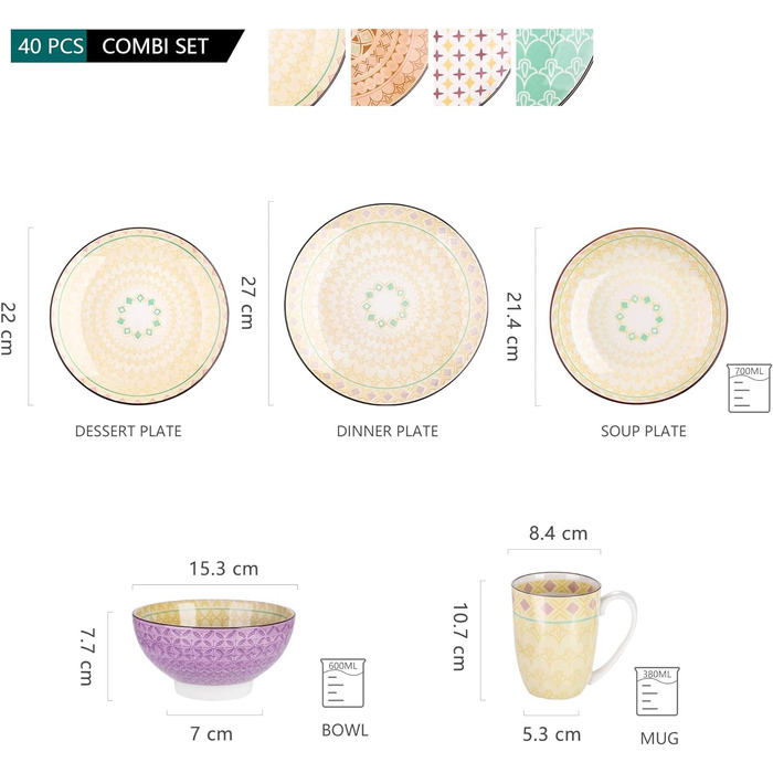 Порцеляновий набір посуду Haruka, 48 шт. Комплект круглий комбінований сервіз на 12 осіб, включає чашки, миски, десертні тарілки та обідні тарілки (тюльпан, обідній сервіз із 40 предметів)