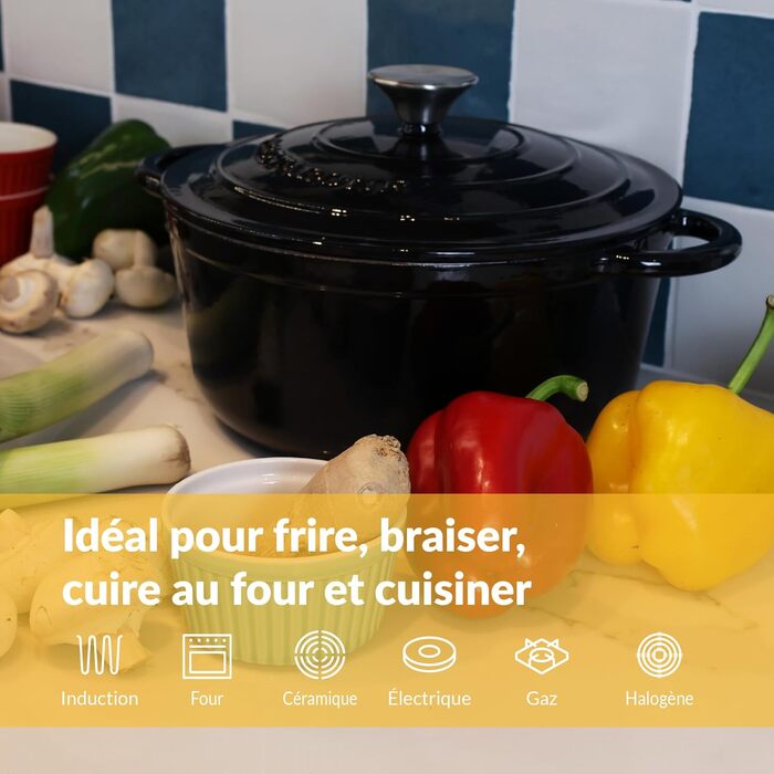 Чавунна жаровня 3,5 л з кришкою 24 см, чорна Chefarone