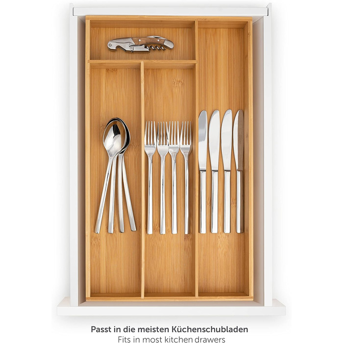 Бамбуковий лоток для столових приборів Blumtal - Регульована перегородка для шухляд для кухні - Органайзер для столових приборів з 7-9 відділеннями - Висувна шухляда для кухонних шухляд - Великий, гнучкий органайзер для столових приборів - 7-9 відділень (