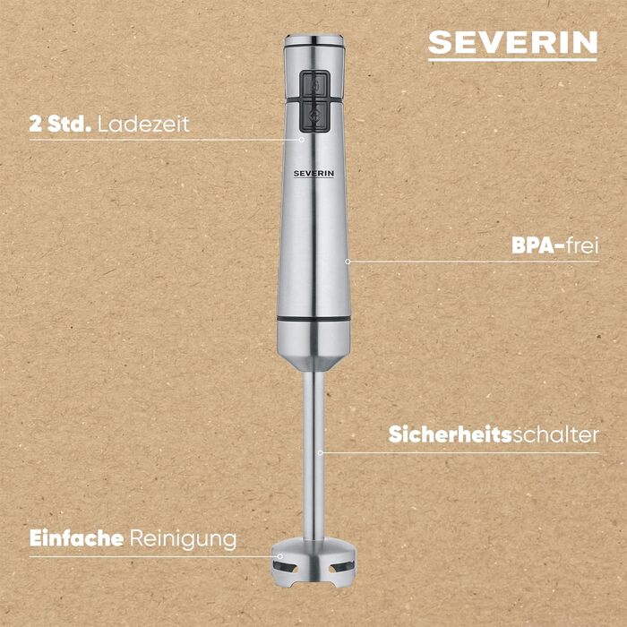 Акумуляторний ручний блендер SEVERIN з набором преміум-класу, знімний блендер, із занурювальним блендером, мультиподрібнювачем, глечиком для блендера, товкачем для картоплі та віночком, чорна/матова нержавіюча сталь, SM 3775 CORDLESS з аксесуарами преміум