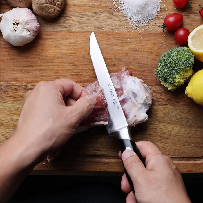 Ніж для чищення овочів linoroso 9 см Ніж для чищення овочів Гострі ножі для фруктів Кухонні ножі Маленькі кухонні ножі Німецькі поковки з вуглецевої сталі Ергономічна ручка з елегантною подарунковою коробкою - Classic Series (5.7-дюймовий обвалочний ніж)