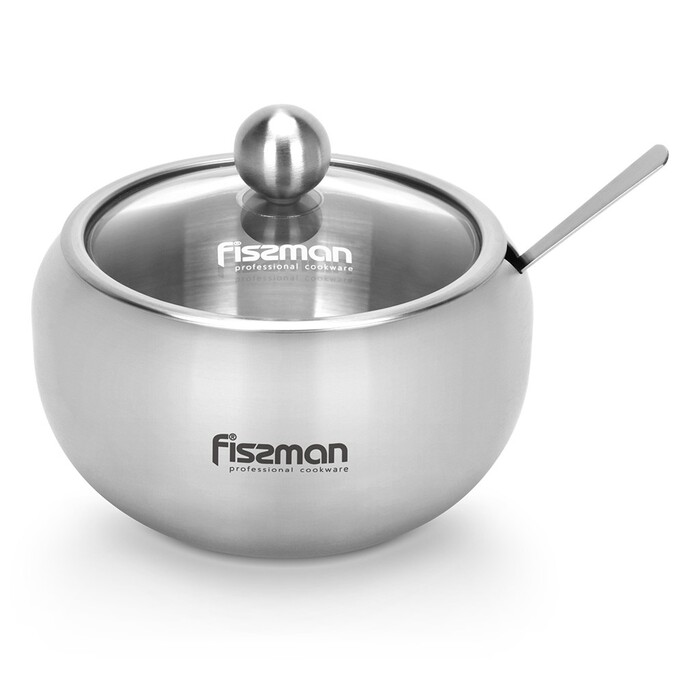 Цукорниця 350 мл Fissman зі скляною кришкою і ложкою нержавіюча сталь (5872)