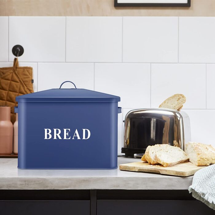 Хлібниця Herogo, дуже велика металева хлібниця для кухні, вінтажний високий тримач для хліба з кришкою, компактний контейнер для зберігання хліба для стільниці, вміщує 2 хліби, 33 x 24,5 x 19 см (темно-синій)