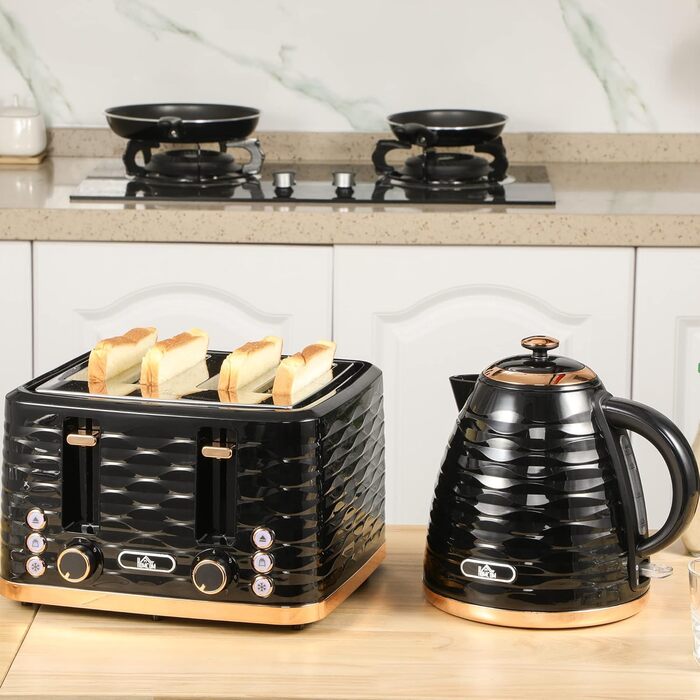 Набір для сніданку HOMCOM Kettle Toaster Set з чайником 1,7 л, тостером на 4 скибочки, 2200 Вт, 7 рівнів підрум&39янення, розморожуванням, розігріванням та піддоном для крихт, термостатом Otter, кремово-білим (чорним)