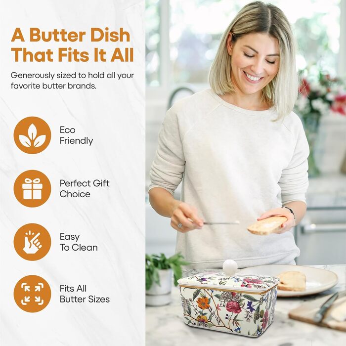 Маслянка з кришкою, китайська кераміка, з гарними акварельними мотивами, дизайн від Jennifer Rose Gallery для Busy Bees (кремові кольори)